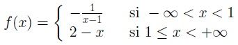 Ejemplo de función con una discontinuidad inevitable de salto infinito en 1.