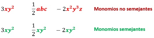 Dibujo de monomios semejantes y de tres no semejantes